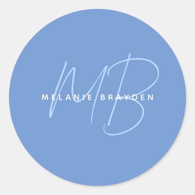 Simple Pastel Blue Minimalist Two Monogram Name Classic Round Sticker (Front)