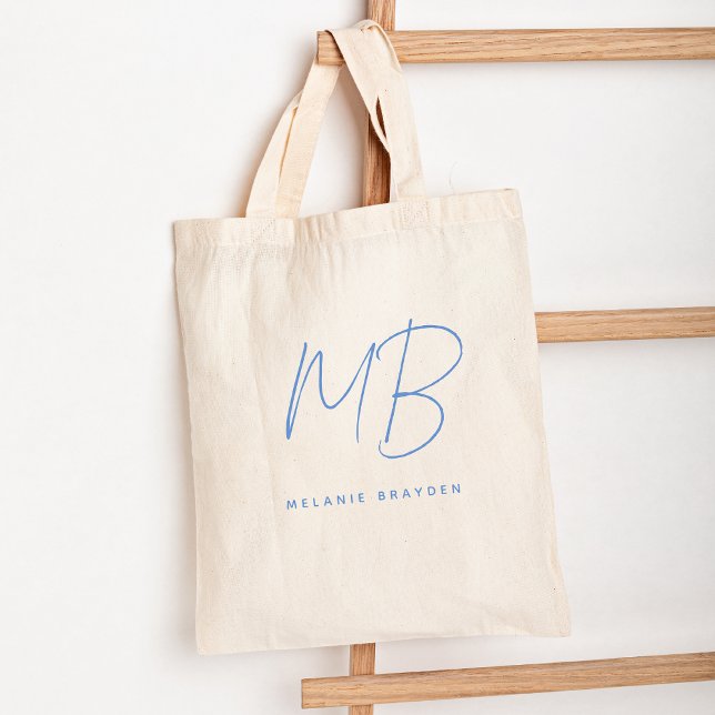 Simple Pastel Blue Minimalist Two Monogram Name Tote Bag (Creator Uploaded)