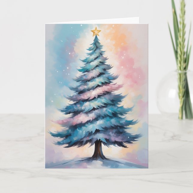 Simple Pastel Christmas Tree with Purple Blue Pink Holiday Card (Front)