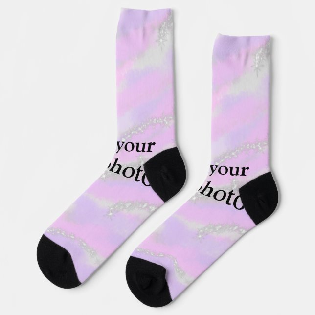 Simple pastel glitter colourful add your text phot socks (Left)