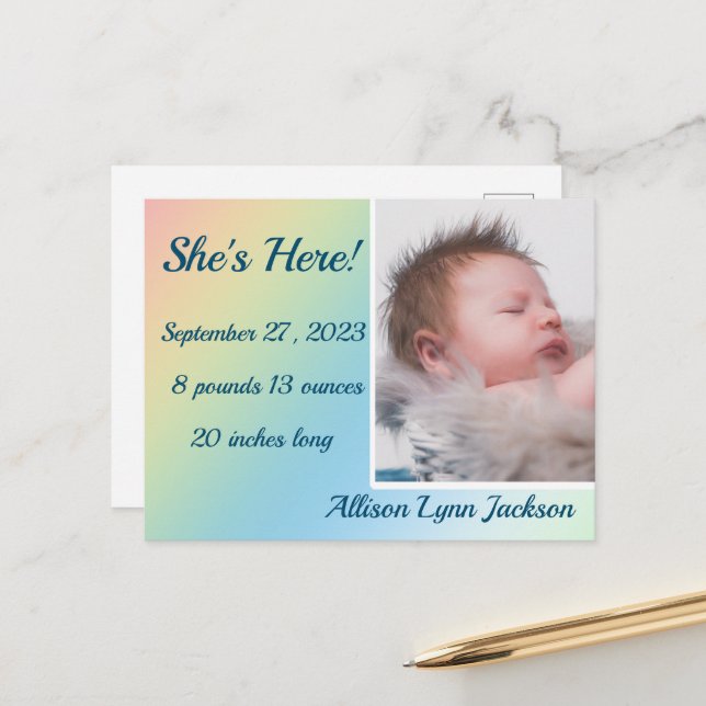 Simple Pastel Gradient Birth Annouincement Postcard (Front/Back In Situ)