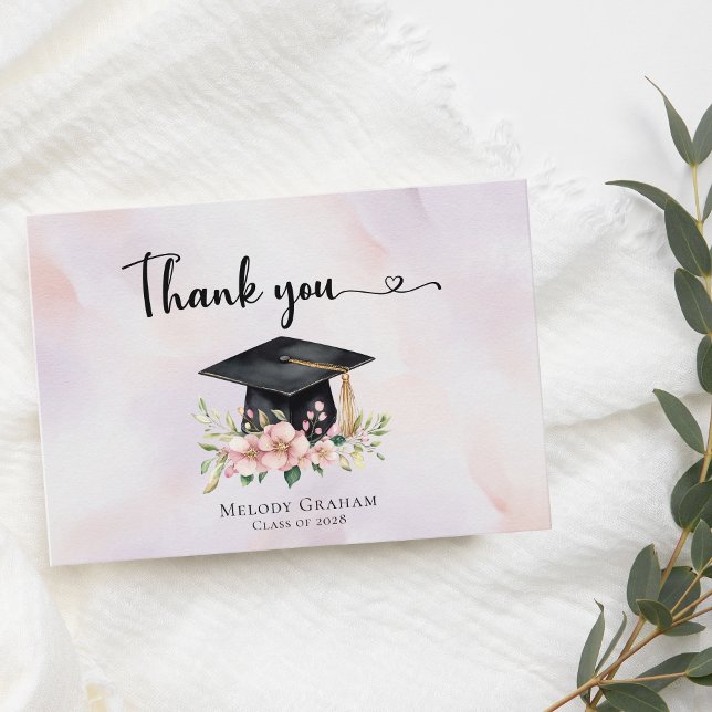 Simple Pastel Graduate Cap Flowers Graduation Thank You Card (Creator Uploaded)
