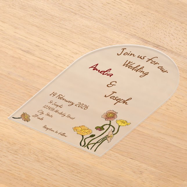 Simple Pastel Minimal Poppy Watercolor Wedding Acrylic Invitations (Laydown)