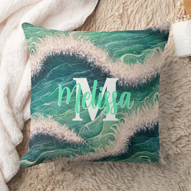 Simple pastel ocean waves Monogrammed Cushion (Blanket)