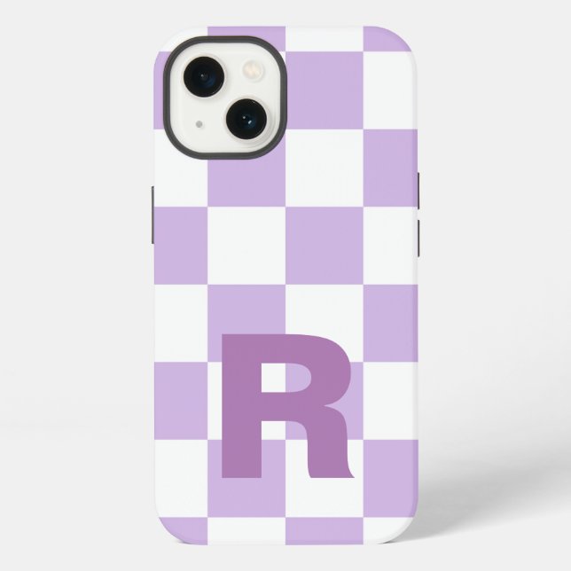 Simple Pastel Purple Lilac Chequered Monogram  iPhone Case (Back)