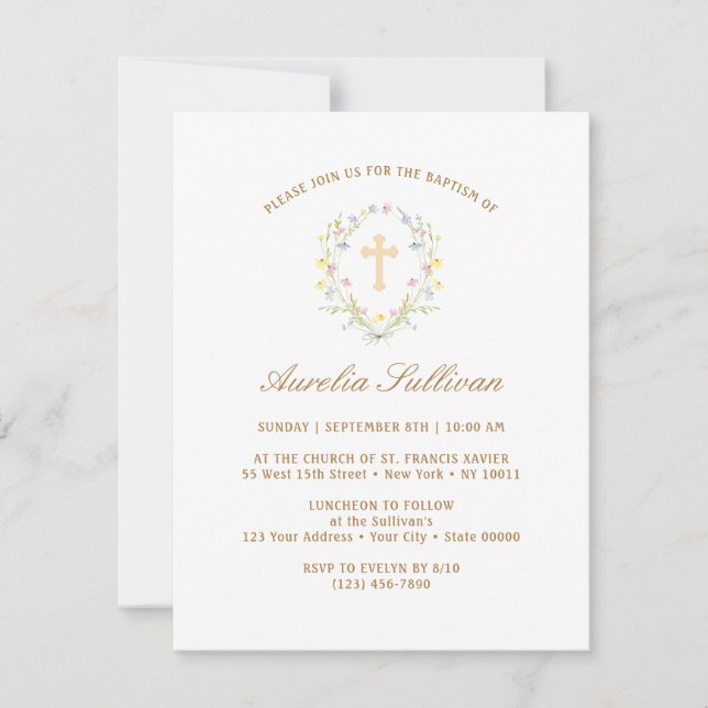 Simple Pastel Wildflowers Wreath Baptism Invitation (Front)