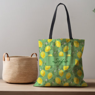 Simple pattern lemon flower leave green tote bag
