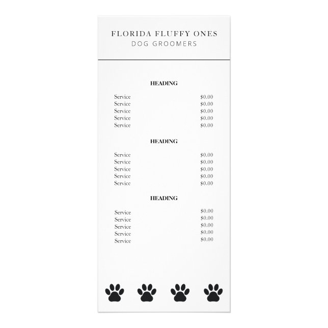 Simple Paw Print Dog Groomer Services Price List Rack Card (Front)