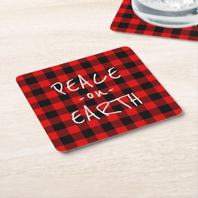Simple Peace On Earth Wish Red Black Plaid Square Paper Coaster (Angled)