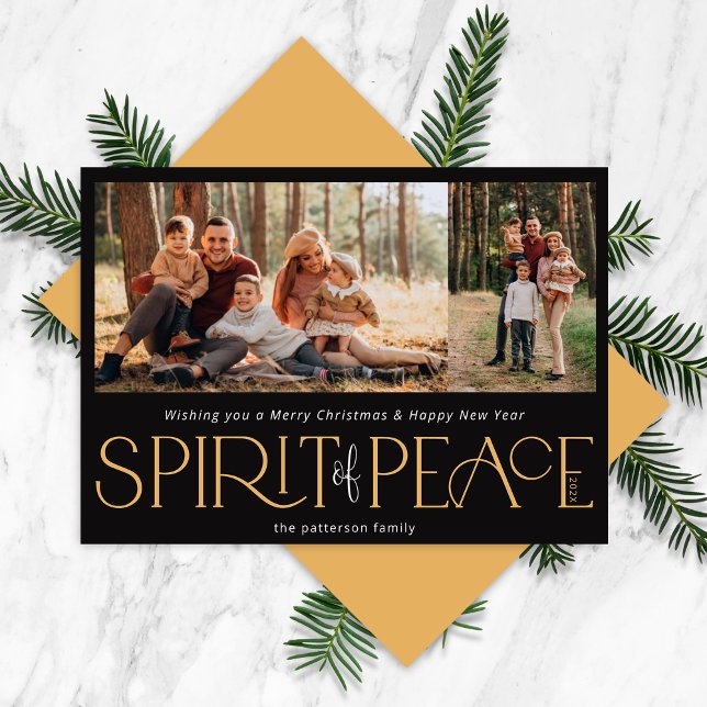 Simple Peace Photo Black Gold Holiday Card (Creator Uploaded)
