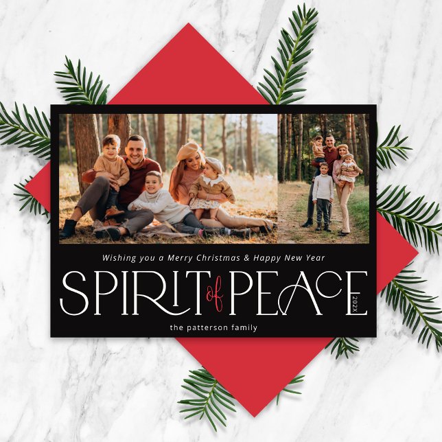Simple Peace Photo Black Red Holiday Card (Creator Uploaded)
