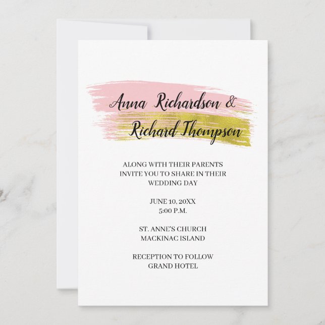 Simple peach and Gold Brush Stroke Wedding Invitat Invitation (Front)