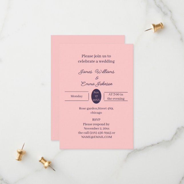 Simple Peach Custom Wedding Invitation (Front/Back In Situ)