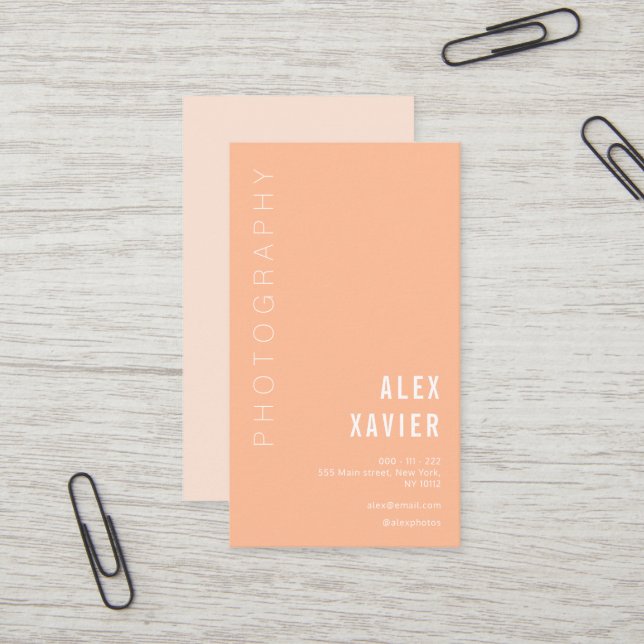 simple peach fuzz photographer business card (Front/Back In Situ)