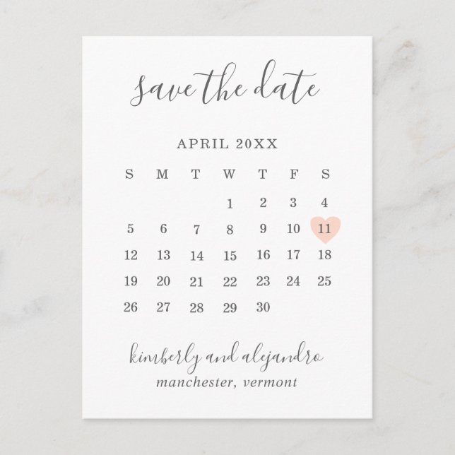 Simple Peach Heart Calendar Wedding Save the Date Announcement Postcard (Front)