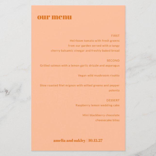 Simple Peach Orange Simple Custom Wedding Menu (Front)