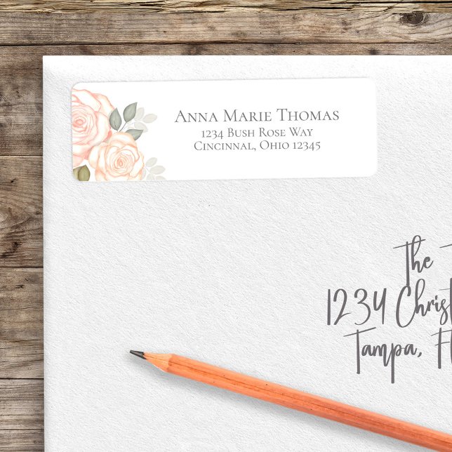 Simple Peach Watercolor Floral (Blue floral return address label with peach floral roses. )