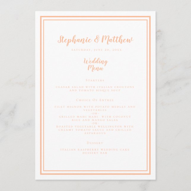 Simple Peach Wedding Dinner Menu Guest Place Card (Front)