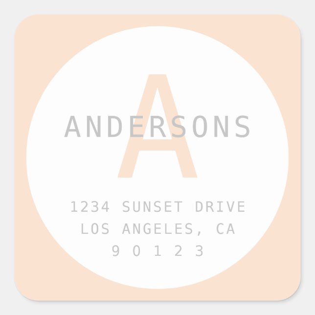 Simple Peach White & Grey Monogram & Address Square Sticker (Front)