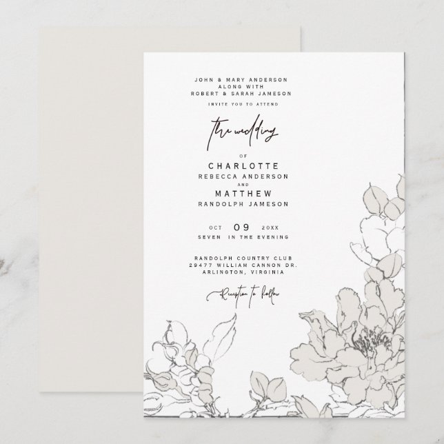 Simple Pencil-Drawn Floral Wedding Invitation (Front/Back)