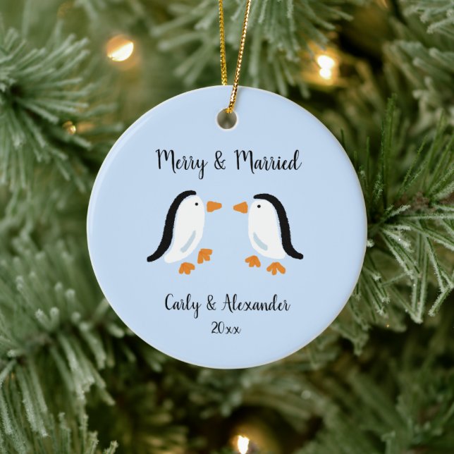 Simple Penguin Couple Married Engaged Christmas Ceramic Tree Decoration (Tree)