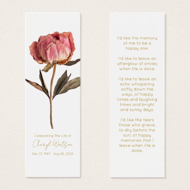 Simple Peony Funeral Memorial Bookmark (Front & Back)