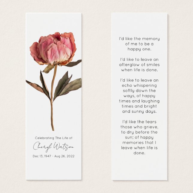 Simple Peony Funeral Memorial Bookmark (Front & Back)
