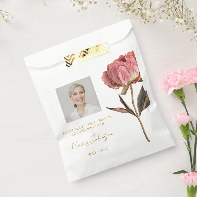 Simple Peony Photo Funeral Seed Favour Bags (Sealed)