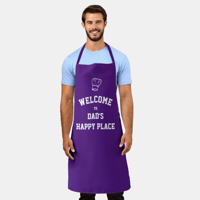 Simple Personalised DADS HAPPY PLACE Purple Apron (Worn)