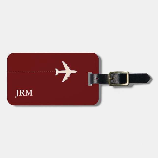 simple personalised dark-red travel aeroplane luggage tag (Front Horizontal)