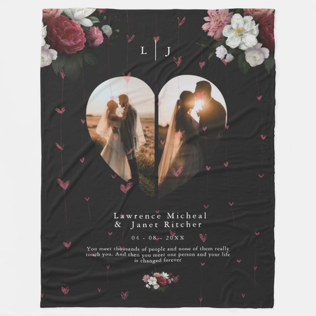 Simple personalised Heart shape 2 Photo Collage Fleece Blanket (Front)