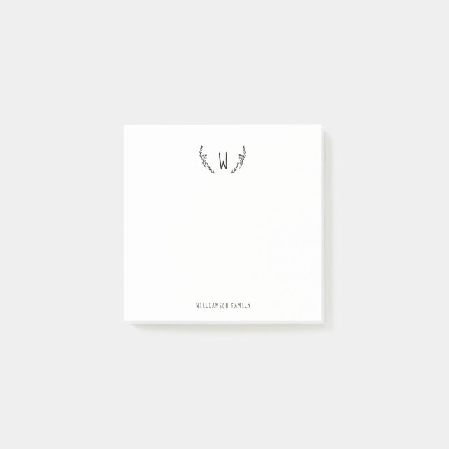 Simple Personalised Laurel Branch Monogram & Name Post-it Notes (Front)