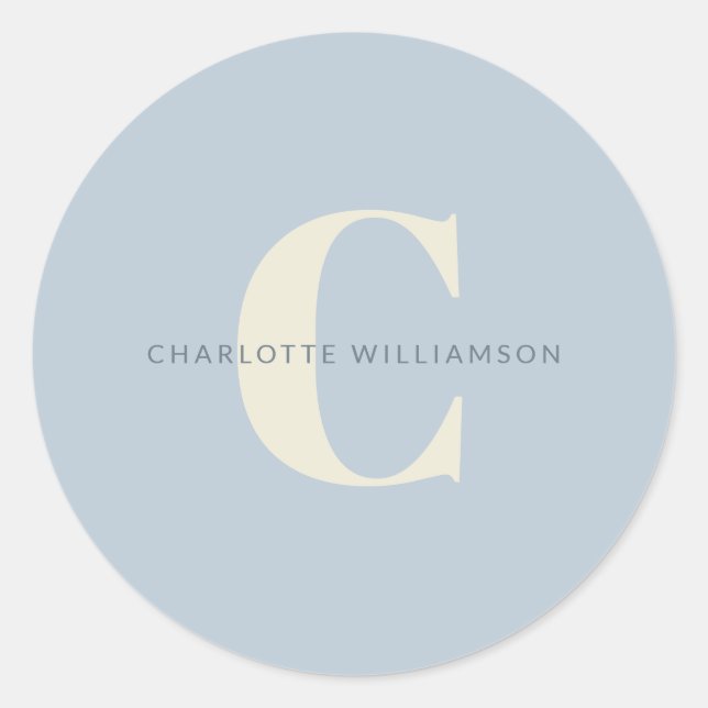 Simple Personalised Monogram and Name in Blue  Classic Round Sticker (Front)