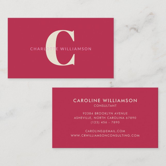 Simple Personalised Monogram Name Pink Red Modern Business Card (Front/Back)