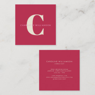 Simple Personalised Monogram Name Pink Red Modern Square Business Card