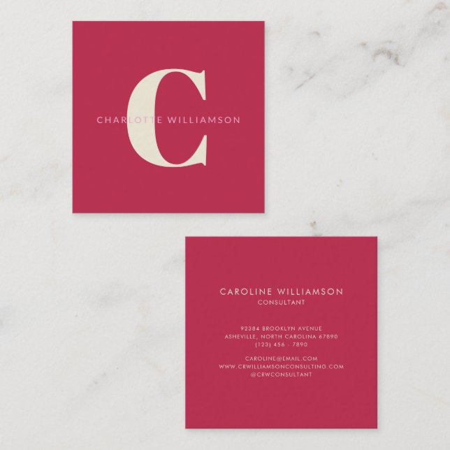 Simple Personalised Monogram Name Pink Red Modern Square Business Card (Front/Back)