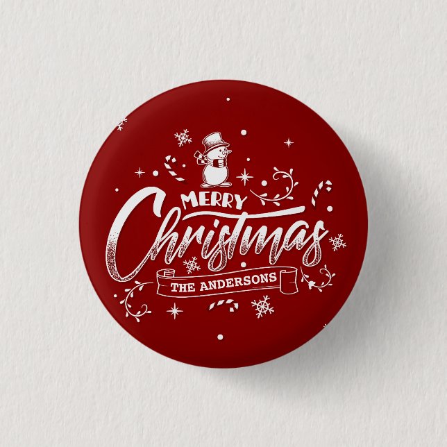 Simple Personalised Snowman Christmas Pin Button (Front)