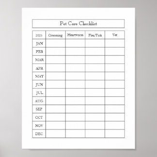 Simple Pet Care Chcklist Log Poster Paper (Matte)