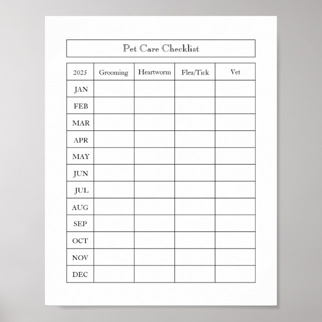 Simple Pet Care Chcklist Log Poster Paper (Matte) (Front)