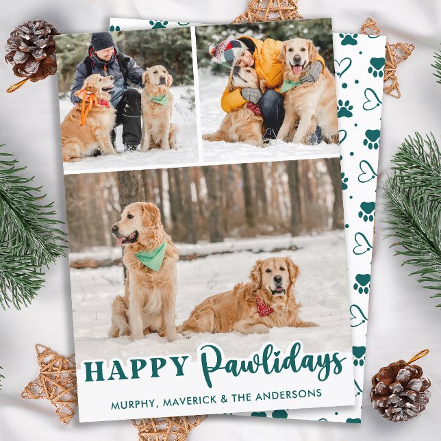 Simple Pet Dog Custom 3 Photo Happy Pawlidays Holiday Card (Creator Uploaded)