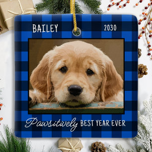 Simple Pet Dog Photo Blue Buffalo Plaid Christmas Ceramic Ornament