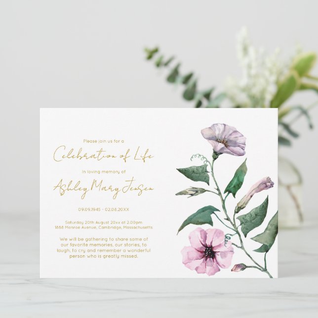 Simple Petunia Celebration of Life Funeral Invitation (Standing Front)