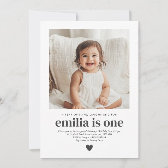 Simple Photo 1st Birthday Girl Invitation (Front)