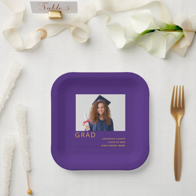 Simple Photo 2022 Graduation Purple Yellow Paper Plate (Wedding)
