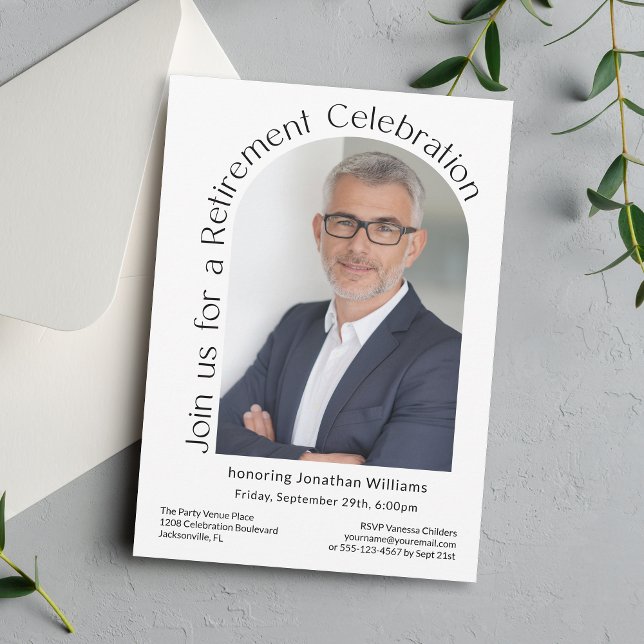 Simple Photo Arch Modern Retirement Party Invitation (Available as printed and paperless digital download!)