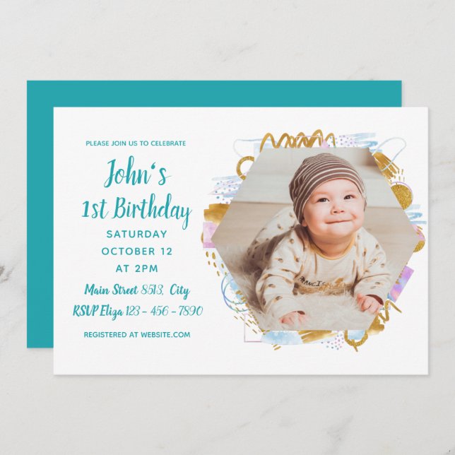 Simple Photo Baby First Birthday Colourful Invitation (Front/Back)