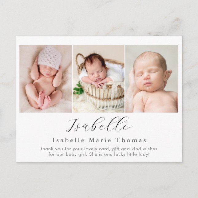 Simple photo birth announcement, script writing postcard (Front)