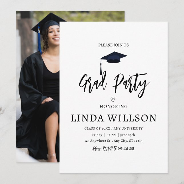 Simple Photo Black and white Graduation Party  Invitation (Front/Back)