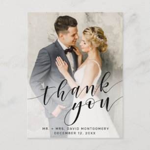 Simple Photo Black Script Wedding Thank You Postcard