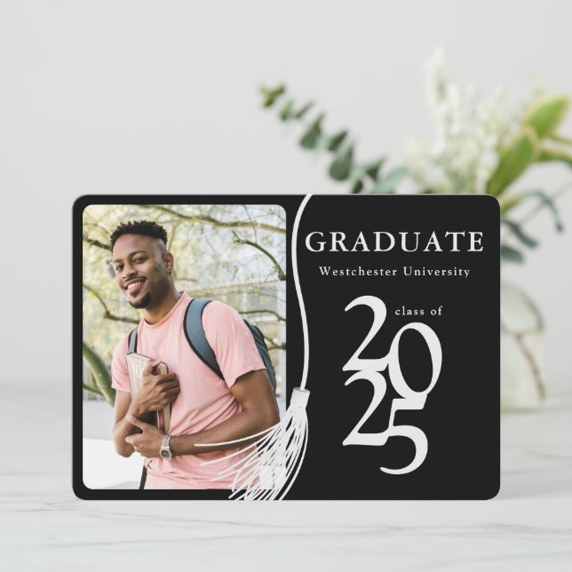 Simple Photo Black White Graduation Party Invitation (Standing Front)